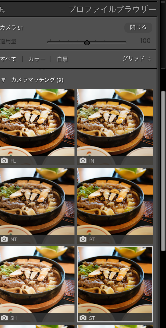 Lightroom Classicのプロファイルブラウザー。カメラマッチングは9個で、FLの次がIN。FL2とFL3が存在しない